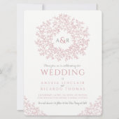 Stoffig roze wit hand getrokken blad monogram brui kaart (Voorkant)