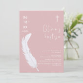 Stoffig Roze Wit Waterverf Feather Cross Doop Kaart (Staand voorkant)