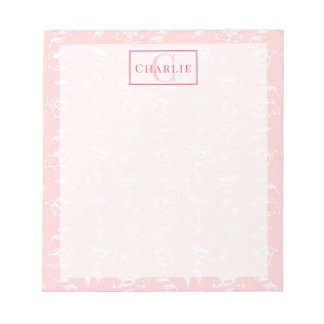 Stoffig Roze Witte Bloem, Op Maat Gemaakt Monogram Notitieblok