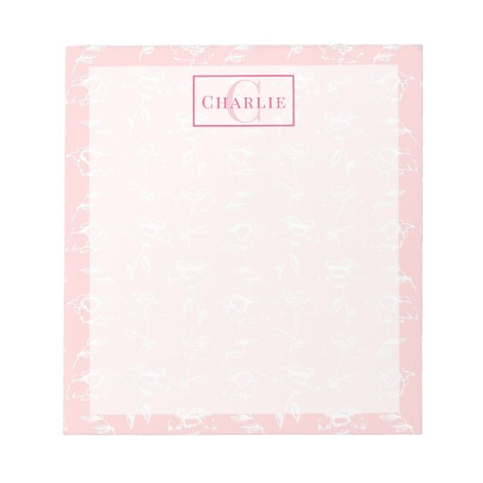 Stoffig Roze Witte Bloem, Op Maat Gemaakt Monogram Notitieblok (Voorkant)