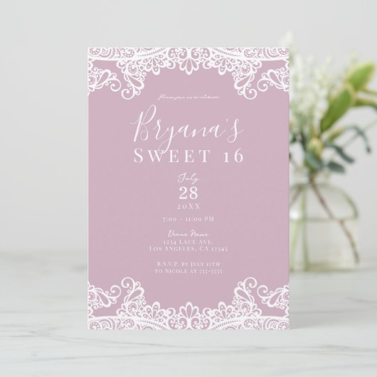 Stoffig roze & witte kanten elegante zoete 16 fees kaart (Staand voorkant)