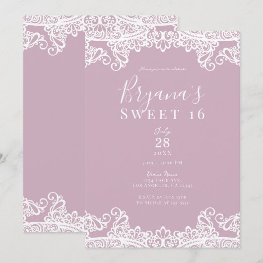 Stoffig roze & witte kanten elegante zoete 16 fees kaart (Voorkant / Achterkant)