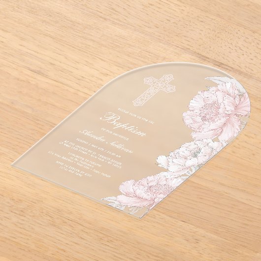Stoffig Roze Witte Pioenen Boog Doop Acryl Uitnodigingen (Laagn)