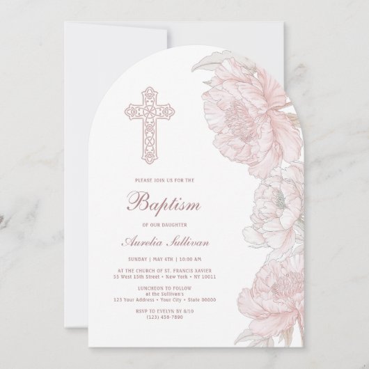 Stoffig Roze Witte Pioenen Boog Doop Kaart (Voorkant)