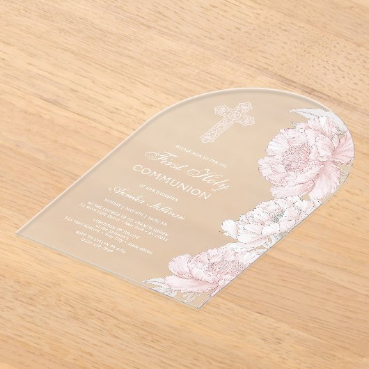 Stoffig Roze Witte Pioenen Boog Eerste Communie Acryl Uitnodigingen (Laagn)