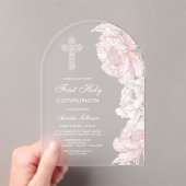 Stoffig Roze Witte Pioenen Boog Eerste Communie Acryl Uitnodigingen (Insitu (Draagbaar))