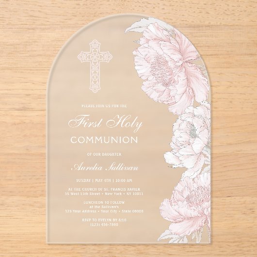 Stoffig Roze Witte Pioenen Boog Eerste Communie Acryl Uitnodigingen (Voorkant)