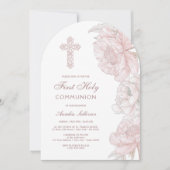 Stoffig Roze Witte Pioenen Boog Eerste Communie Kaart (Voorkant)