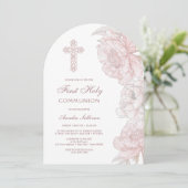 Stoffig Roze Witte Pioenen Boog Eerste Communie Kaart (Staand voorkant)