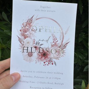 Stoffig Roze Zilveren Folie Moderne Boho Krans Bru Folie Uitnodiging