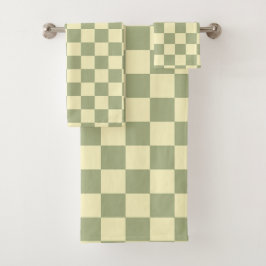 Stoffig saliegroen en botergeel dambordpatroon bad handdoek