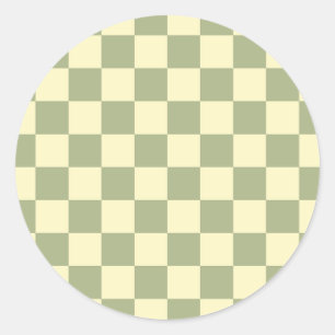 Stoffig saliegroen en botergeel dambordpatroon ronde sticker