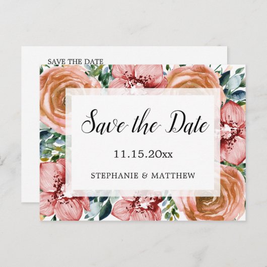 Stoffig Sinaasappel Roos Orchideeën Bruiloft Save  Aankondigingskaart (Voorkant / Achterkant)