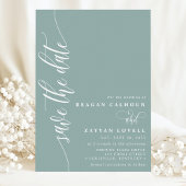 Stoffig Teal Eenvoudig Modern Script Bewaar de Dat Save The Date