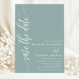 Stoffig Teal Eenvoudig Modern Script Bewaar de Dat Save The Date