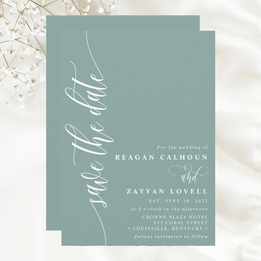 Stoffig Teal Eenvoudig Modern Script Bewaar de Dat Save The Date