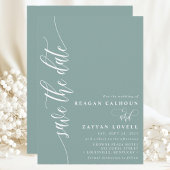 Stoffig Teal Eenvoudig Modern Script Bewaar de Dat Save The Date