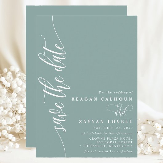 Stoffig Teal Eenvoudig Modern Script Bewaar de Dat Save The Date