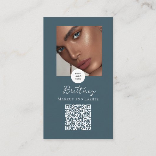 Stoffig Teal Lux Script Logo QR Code Foto Make-up Visitekaartje (Voorkant)