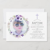 Stoffig Violet Bloemen Doop Kaart (Voorkant)