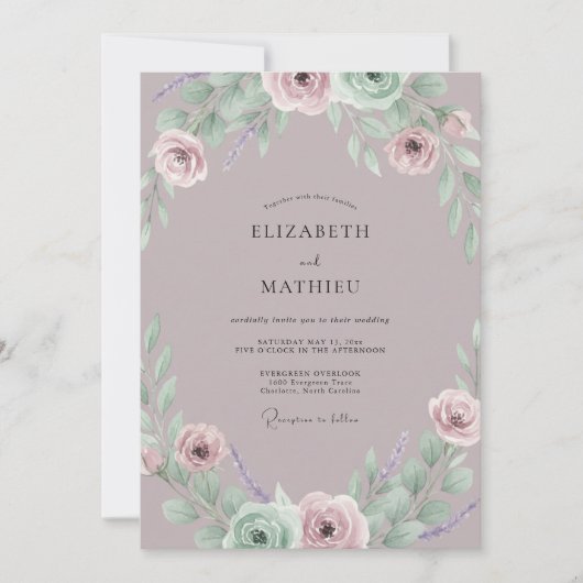 Stoffige Amethist Ranunculus Eucalyptus Bruiloft Kaart (Voorkant)