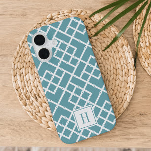 Stoffige Aqua Bamboe Roosterpatroon Monogram iPhone 16 Hoesje