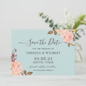 Stoffige Aqua Blush Bloemen Bewaar De Datum Kaart (Staand voorkant)