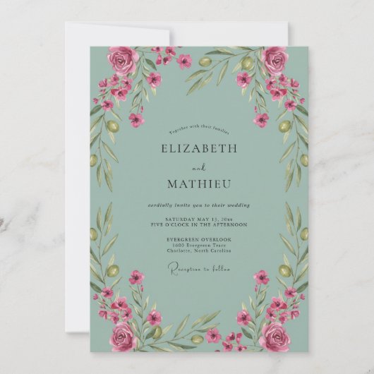 Stoffige Aqua Wilde Bloemen Bruiloft Kaart (Voorkant)