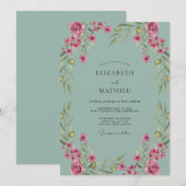Stoffige Aqua Wilde Bloemen Bruiloft Kaart (Voorkant / Achterkant)