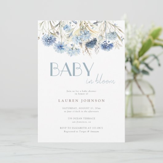 STOFFIGE Baby in Bloom Blauw Beige Baby shower Kaart (Staand voorkant)