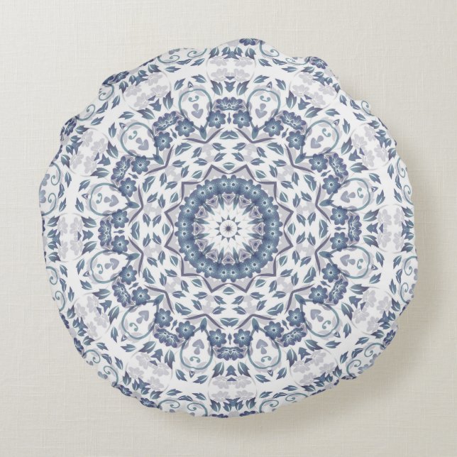 Stoffige Blau Bloemige Mandala Rond Kussen (Achterkant)