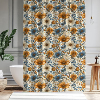 Stoffige Blau Ivoor Bloemen Boho Trouwcadeau Gordi Douchegordijn