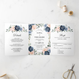 Stoffige Blau Perzik Blush Geometrische Bloemige T Drieluik Aankondiging