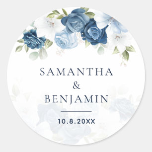 Stoffige Blau Waterverf Bloem Schrift Trouw Aangep Ronde Sticker