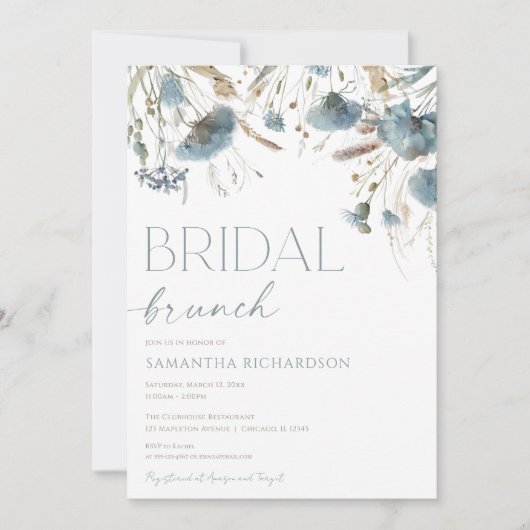 Stoffige blauw beige boho bruids brunch kaart (Voorkant)