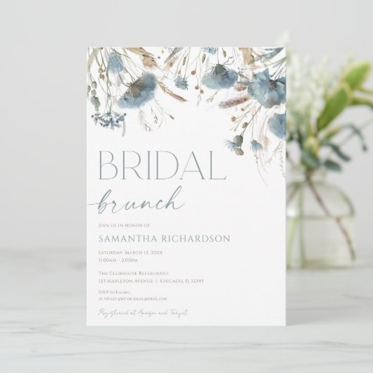 Stoffige blauw beige boho bruids brunch kaart (Staand voorkant)