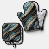 STOFFIGE BLAUW & GOUDEN AGAAT LOOK ABSTRACTS OVENWANT & PANNENLAP SET (Voorkant / Achterkant)