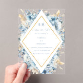 Stoffige Blauw Gouden Bloemen Alles in één Trouwfe Acryl Uitnodigingen (Insitu (Draagbaar))