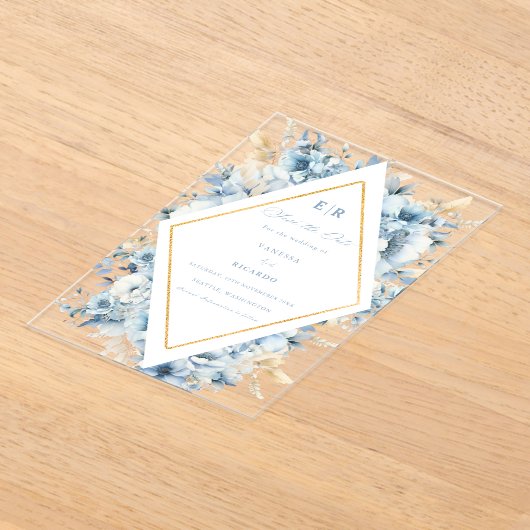 Stoffige Blauw Gouden Bloemen Alles in één Trouwfe Acryl Uitnodigingen (Laagn)