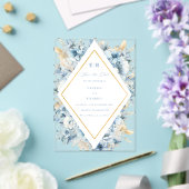 Stoffige Blauw Gouden Bloemen Alles in één Trouwfe Acryl Uitnodigingen (Insitu (Huwelijk))