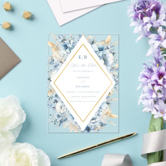 Stoffige Blauw Gouden Bloemen Alles in één Trouwfe Acryl Uitnodigingen (Insitu (Huwelijk))