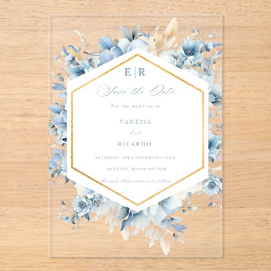 Stoffige Blauw Gouden Bloemen Alles in één Trouwfe Acryl Uitnodigingen (Voorkant)