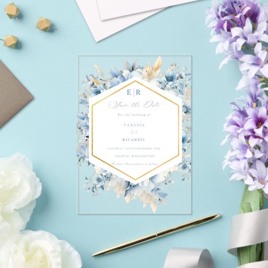 Stoffige Blauw Gouden Bloemen Alles in één Trouwfe Acryl Uitnodigingen (Insitu (Huwelijk))