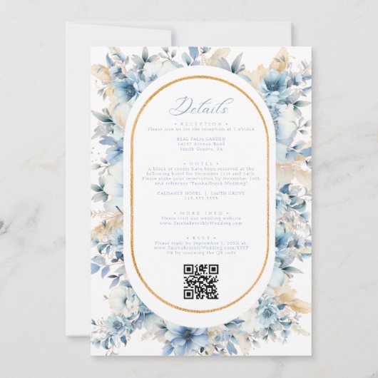 Stoffige Blauw Gouden Bloemen Alles in één Trouwfe Kaart (Achterkant)