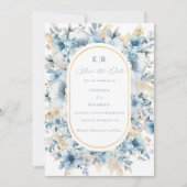 Stoffige Blauw Gouden Bloemen Alles in één Trouwfe Save The Date (Voorkant)