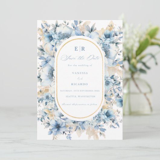 Stoffige Blauw Gouden Bloemen Alles in één Trouwfe Save The Date (Staand voorkant)