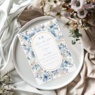 Stoffige Blauw Gouden Bloemen Alles in één Trouwfe Save The Date
