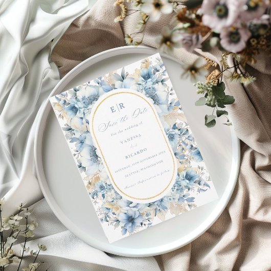 Stoffige Blauw Gouden Bloemen Alles in één Trouwfe Save The Date