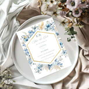 Stoffige Blauw Gouden Bloemen Alles in één Trouwfe Save The Date