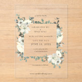 Stoffige Blauw & Witte Bloemen Bewaar de datum Acryl Uitnodigingen (Voorkant)